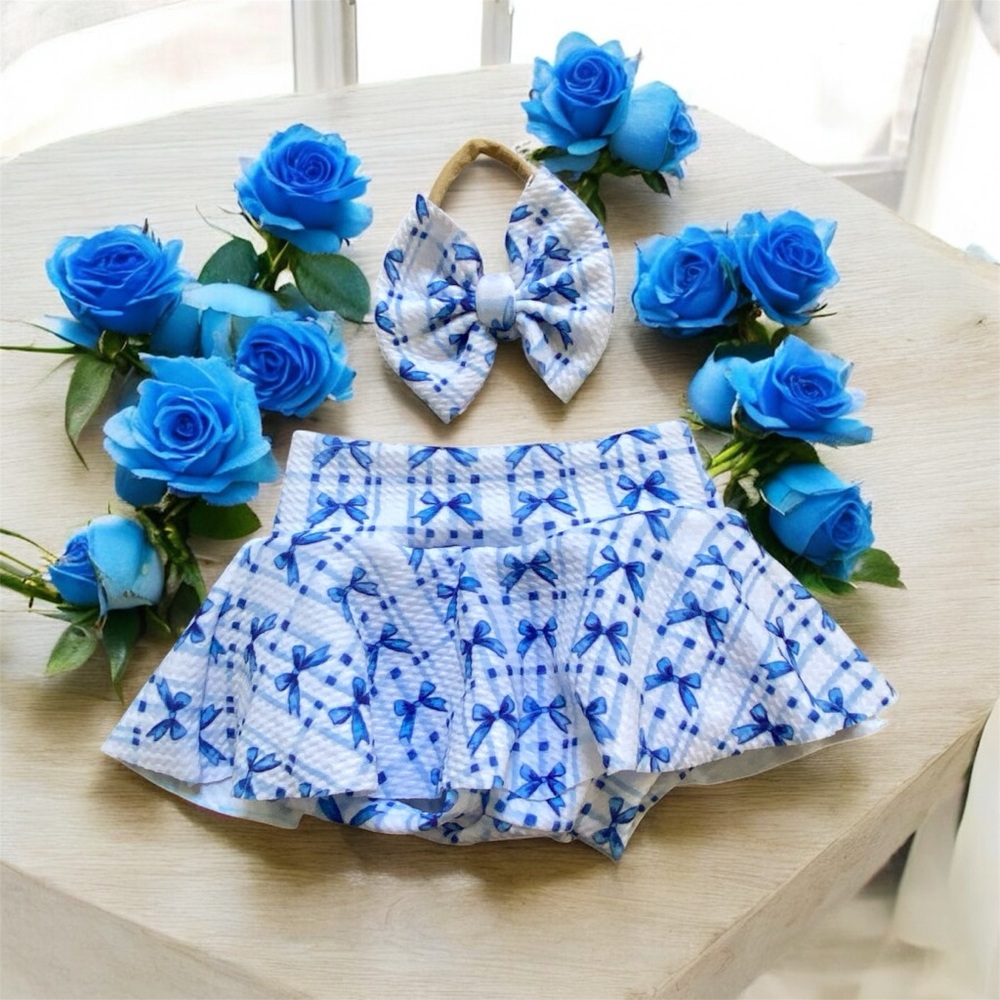 Blue Bow Patterned Baby Hairband and Skort Set(handmade)